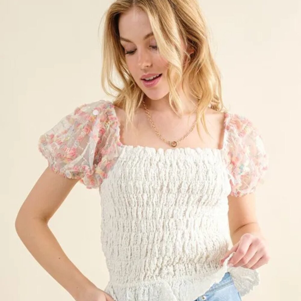 NWT And The Why Embellishment‎ Sleeve Smocked Top